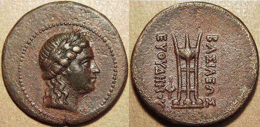 Euthydemus II, Copper tri-chalkon (triple unit), 185-180 BC